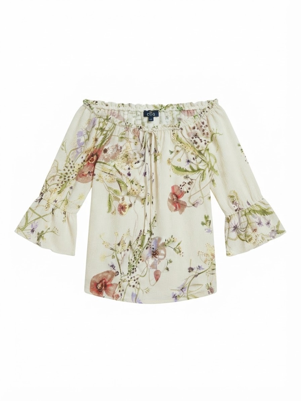 Floral Off-Shoulder Bell Sleeve Blouse in Cream Size M Relaxed Breezy Fit